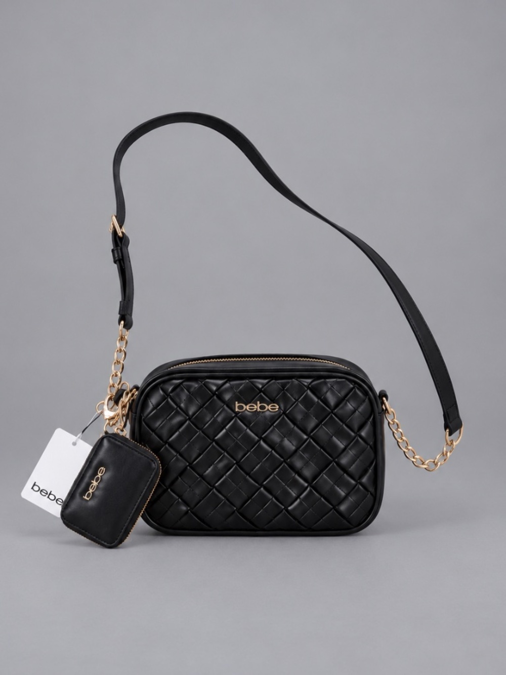 NWT Bebe Black Woven Crossbody Camera Bag with Gold Chain & Coin Pouch